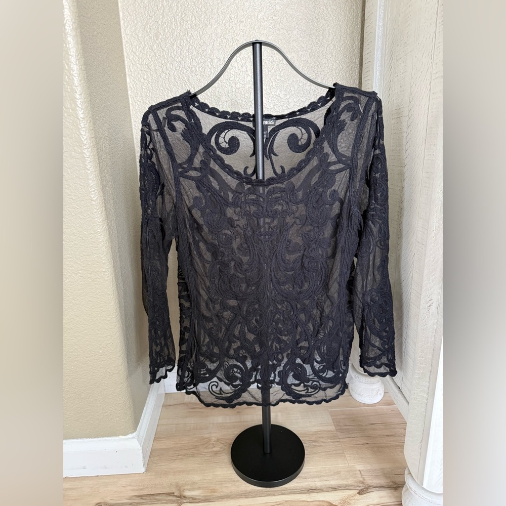 Express Black Sheer Lace Blouse - Picture 1 of 10
